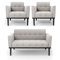 Imagem de Sofá Namoradeira E 2 Poltronas Base De Madeira Preto Elisa Veludo Cinza D03 - D'rossi