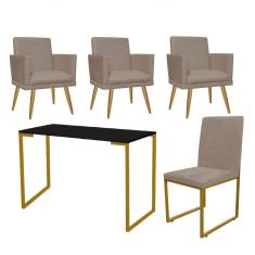 Imagem de Kit Escritório Stan 3 Poltronas Rodapé com Cadeira e Mesa Industrial Preto Dourado Tecido Sintético Bege - Ahz Móveis