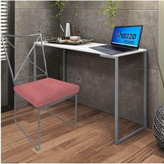 Imagem de Kit Escritório Clark Cadeira e Mesa Industrial Ferro Prata Tampo MDF Branco Suede Rose Gold - Ahz Móveis