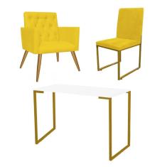 Imagem de Kit Escritório Stan Poltrona Capitonê com Cadeira e Mesa Industrial Branco Dourado Tecido Sintético Amarelo - Ahz Móveis