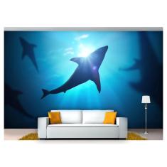 Imagem de Papel De Parede Vida Marinha Tubarões Mar 3D Fm110
