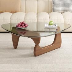 Imagem de Mesa de centro de vidro triangular, mesa final de vidro preto vintage, mesa final moderna com base de madeira maciça para sala de estar, pátio, escritório, pernas de nogueira + c, 83 × 57 ×