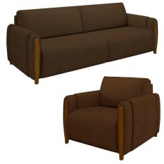 Imagem de Conjunto Sofá 3 Lugares 223cm e Poltrona 98cm Amaranto M22 Veludo Marrom - Mpozenato
