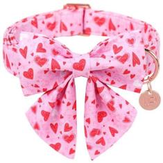 Imagem de UP URARA PUP Coleira de Dia dos Namorados com gravata borboleta, gravata borboleta de coração rosa com fivela de metal, coleira de presente de dia dos namorados para filhotes, meninas, meninos ou