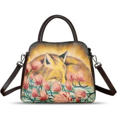 Imagem de Bolsa feminina de couro genuíno pintada à mão com alça superior, bolsa tiracolo feita à mão, Padrão 5, Medium