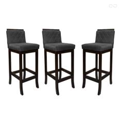 Imagem de Kit 3 Banquetas Alta para Bancada de Cozinha Nice Madeira Maciça Matelassê Suede Cinza CCS