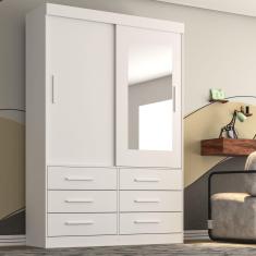 Imagem de Guarda Roupa Solteiro 2 Portas com Espelho 6 Gavetas Luana Sallêto Móveis Branco