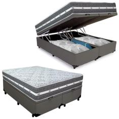 Imagem de Cama Box Baú Casal Bipartido Sintético + Colchão Anjos Black Graphite Molas Ensacadas 138x188x64cm Cinza