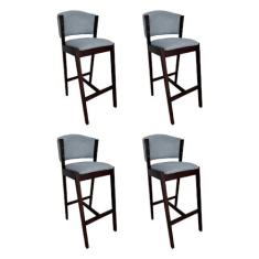 Imagem de Kit 4 Banquetas Alta De Madeira Maciça Castanho Premium Ana Com Encosto Linho Cinza