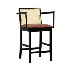 Imagem de Banqueta Média Pérola com Braços com 62cm Altura Madeira Maciça Encosto Telinha Assento Estof.Sintético Preto/Marrom