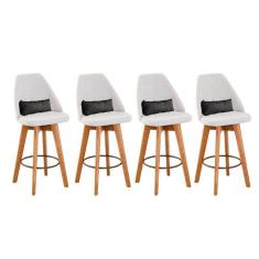 Imagem de Kit 04 Banquetas Alta Maya Giratória Com Encosto Gourmet Linho Bege e Almofada Suede Cinza - Aurora Line