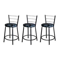 Imagem de Jogo 3 Banqueta Baixa Para Cozinha Epoxi Preta Estofado Floral - Lamar