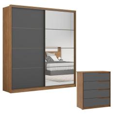 Imagem de Cômoda Atria E Guarda Roupa Casal Belga 2 Portas 1 Porta Em Espelho Amendola Grafito Flex Demârtez