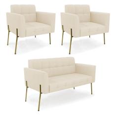 Imagem de Sofá Namoradeira E 2 Poltronas Pé De Ferro Dourado Elisa Linho D03 - D'rossi Cor A19 Bege