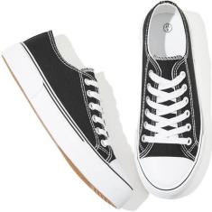 Imagem de Adokoo Tênis feminino de lona, cano baixo, casual, branco, preto, cadarço moderno e confortável, Preto, 41