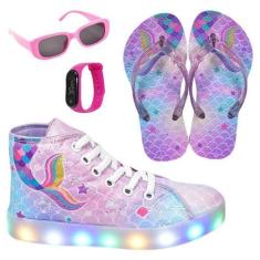 Imagem de Tênis Botinha Infantil Led Feminino Sereia Casual +Chinelo+Óculos+Reló