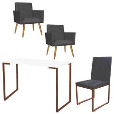 Imagem de Kit Escritório Stan 2 Poltronas com Cadeira e Mesa Industrial Tampo Branco Bronze Tecido Sintético Cinza - Ahz Móveis