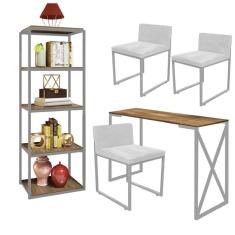 Imagem de Kit Escritório Bex 3 Cadeiras Corino Branco com 1 Mesa e 1 Livreiro Ferro Cinza MDF Freijó - Ahazzo Móveis