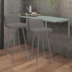 Imagem de Kit Mesa Suspensa de Parede Fixa mdf Verde Oliva + 2 Banquetas Lexi Ferro Prata Sintético Cinza - Ahazzo Móveis