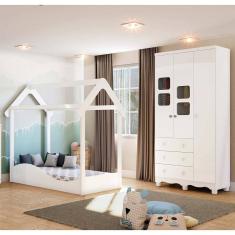 Imagem de Quarto Infantil Decorado Peroba Cama Montessoriano e Roupeiro 3 Portas com Janela Uli Branco