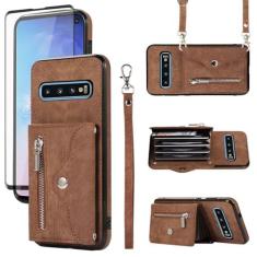 Imagem de Capa de telefone para Samsung Galaxy S10 capa carteira e protetor de tela de vidro temperado com alça transversal de pulso cordão suporte para cartão de crédito celular de couro S 10 Edge 10S GS10 X10