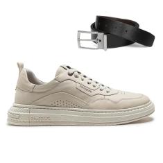 Imagem de Tênis Couro Democrata Masculino Denim Jake 240201 + Cinto Dupla Face