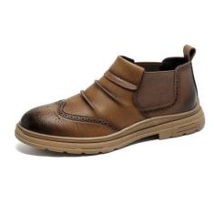 Imagem de MANLADUO Tênis masculino de couro Brogue casual retrô de cano baixo - britânico Brogue masculino, Caqui, 41