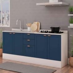 Imagem de Cozinha Modulada 2 Peças com Tampo Impermeável 100% Mdf Portas Provençais Branco/Azul