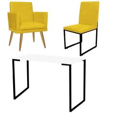 Imagem de Kit Escritório Stan Poltrona Rodapé com Cadeira e Mesa Industrial Branco Preto Tecido Sintético Amarelo - Ahz Móveis