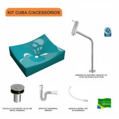 Imagem de Kit Cuba ML44 C/Torneira Link 1062 Metal  Válvula Click 1 Pol. 2.6 cm Sifão PVC e Flexível Compace  Turquesa
