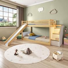 Imagem de Beliche Infantil Montessori com Escada Lateral Garden Led Grade Proteção I e Escorregador Casatema Branco/Natural
