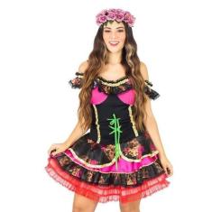 Imagem de Fantasia Caveira Mexicana Feminino Adulto Halloween Carnaval Dia de Lo