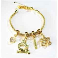 Imagem de Pulseira Berloques Química Coração Placa Folheado Ouro 18k