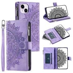 Imagem de Capa carteira de couro premium compatível com iPhone 13 de 6,1 polegadas com compartimento para cartão, capa de couro com zíper, capa flip com fecho magnético capa de couro floral em relevo com alça