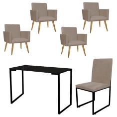 Imagem de Kit Escritório Stan 4 Poltronas com Cadeira e Mesa Industrial Tampo Preto Tecido Sintético Bege - Ahz Móveis