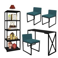 Imagem de Kit Escritório Bex 3 Cadeiras Suede Azul Turquesa com 1 Mesa e 1 Livreiro Ferro Preto MDF Preto - Ahazzo Móveis