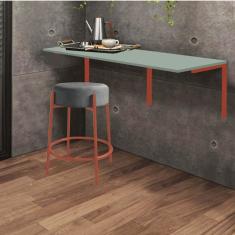 Imagem de Kit Mesa Suspensa de Parede Fixa MDF Verde Oliva + 1 Banqueta Sintra Ferro Cobre Suede Cinza - Ahazzo Móveis