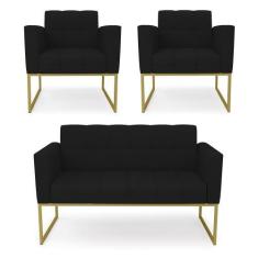 Imagem de Kit 1 Sofá Namoradeira E 2 Poltronas Elisa Linho Preto A79 Base Metáli