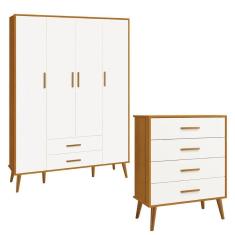 Imagem de Comoda Gaveteiro e Guarda Roupa Isis Retrô 4 Portas 2 Gavetas Branco Fosco/ Savana Fosco - Reller