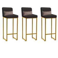 Imagem de Kit 03 Banqueta Alta com Encosto Lucca Industrial Cozinha Balcão Ferro Dourado Suede Cinza e Almofada Bege - Ahazzo Móveis