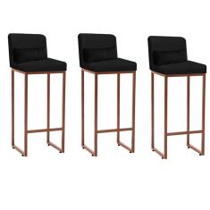 Imagem de Kit 03 Banqueta Alta com Encosto Lucca Industrial Cozinha Balcão Ferro Bronze Sintético Preto e Almofada Preto - Ahazzo Móveis
