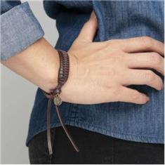 Imagem de Pulseira Unissex Religiosa Em Couro Trançado Medalha de São Bento
