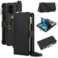 Imagem de Capa carteira para Samsung Galaxy A71 4G, [bloqueio RFID] [bolso com zíper] [porta-cartão] capa protetora flip de couro PU com corda transversal/pulso/anel capa de telefone masculina e feminina