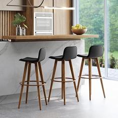 Imagem de KIT 3 BANQUETAS ALTAS LUXO VERSATIL AÇO COBRE LINHO PRETO BASE CARVALHO