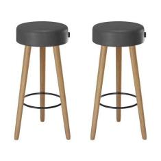 Imagem de Kit 2 Banquetas Banco Alto Londres Couro Preto Bar Cozinha Pés Madeira