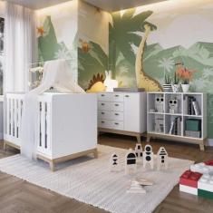Imagem de Quarto de Bebê 3 Peças com Berço 3 em 1 Cômoda e Estante com 6 Nichos 