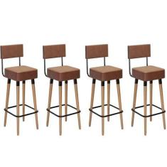 Imagem de Kit 4 Banquetas Banco Alto Barcelona Couro Café Bar Cozinha Pés Madeir