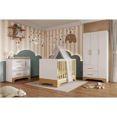 Imagem de Quarto de Bebê Completo Guarda-roupa e Cômoda e Berço Minicama 100% Mdf Liam Espresso Móveis Branco Brilho/Amêndoa