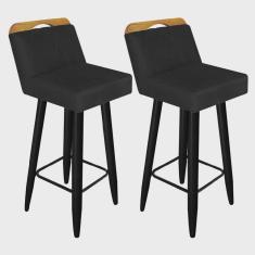 Imagem de Kit 02 Banqueta Alta c/ Encosto Lith Para Cozinha Bar Balcão Bistrô Pé Palito Preto Tecido Sintético Preto - Ahazzo Móveis