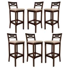 Imagem de Kit 6 Banquetas Alta Estofada para Bancada Madri Madeira Capuccino Suede Bege CCS